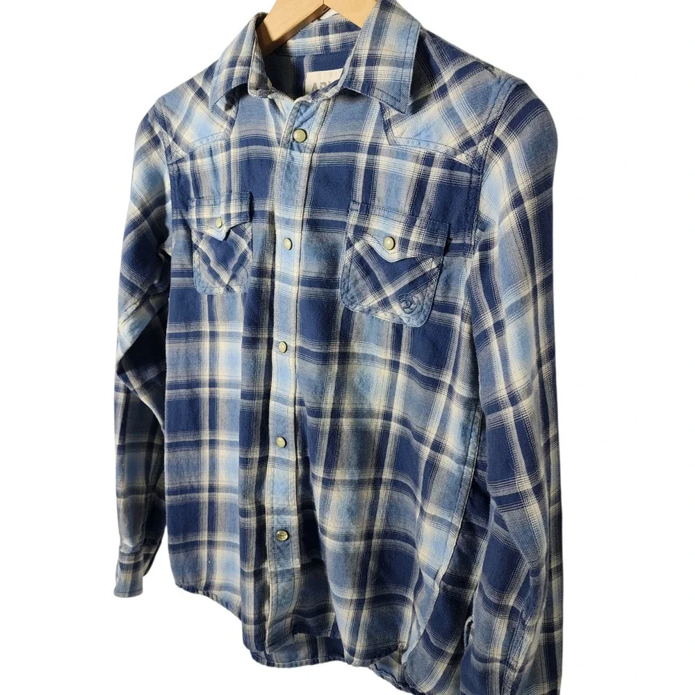 Ariat Retro Fit Plaid Western Snap Button Long Sleeve Shirt‎ L Boy Kid Blue